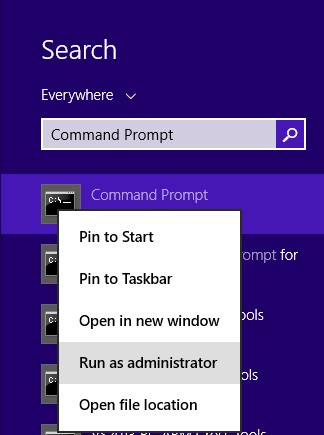 Luncurkan command prompt pada Windows 8 untuk memperbaiki blue screen 0x000000d1