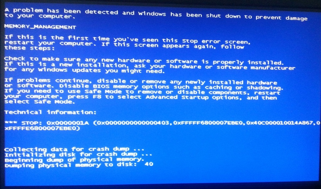 windows 10 crash blue screen memory management