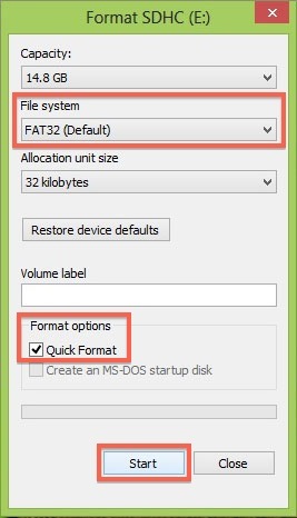 set file system and format options