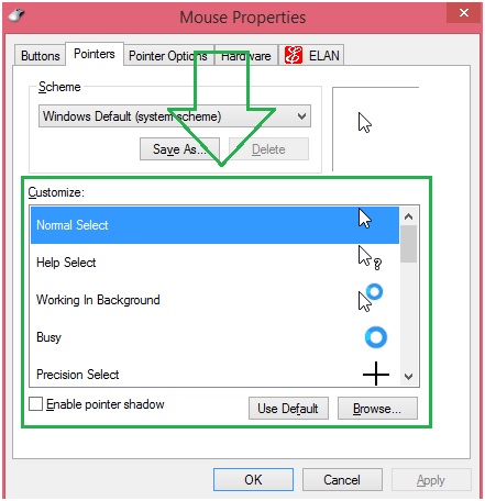 cambiar el cursor del mouse en Windows