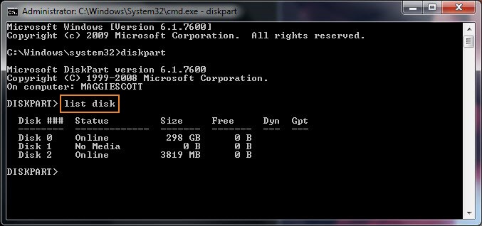 windows 10 list disk command prompt