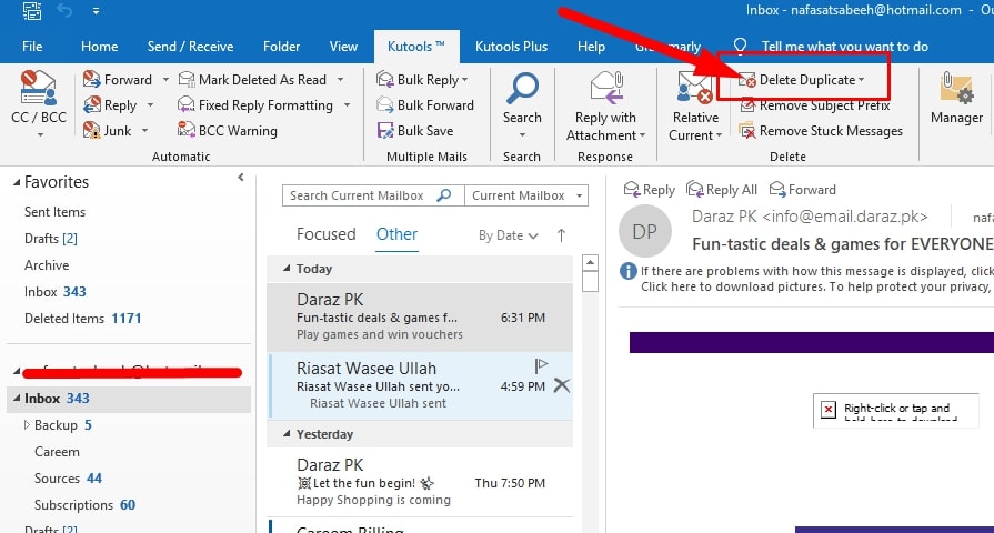 remove duplicate messages ion outlook