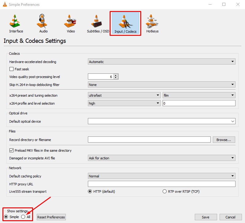 pilih input/ codecs