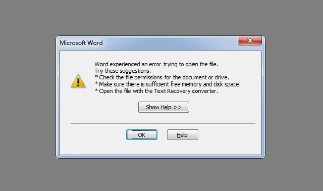 microsoft word 2013 error messages
