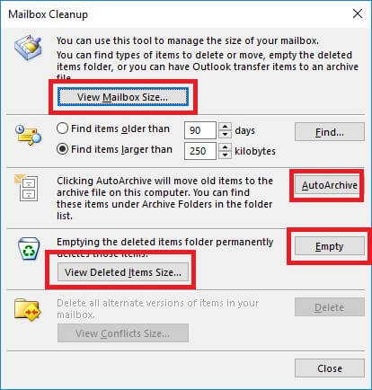 how to find outlook mailbox size