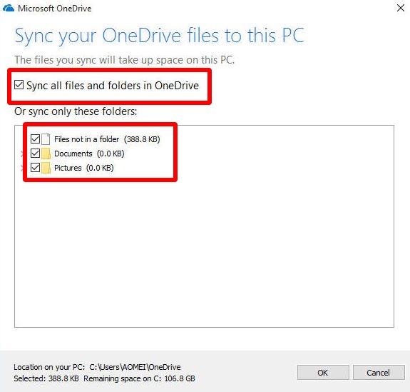 change onedrive sync settings windows 10