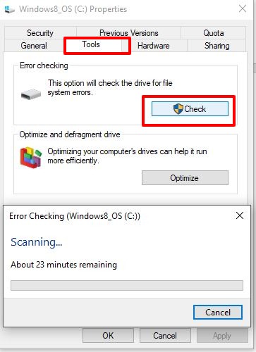 which window or dialog box is used to check a hard drive for errors