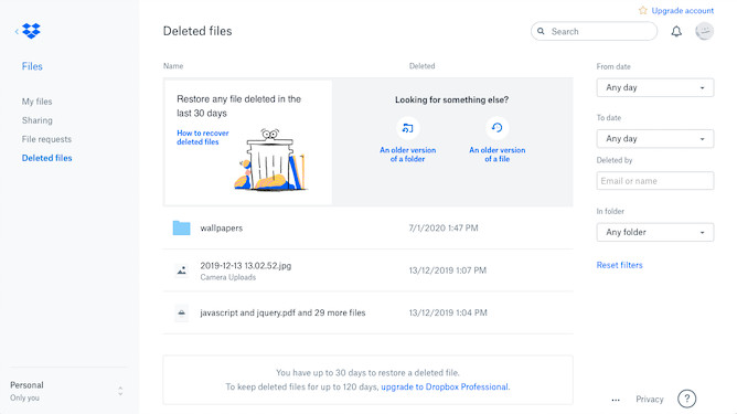 استعادة الصور من Dropbox