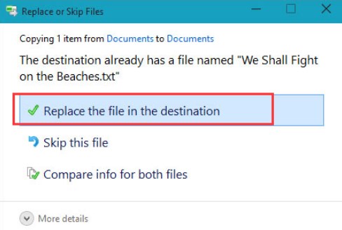 Select Replace the file