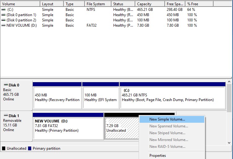 nuevo volumen simple en la administración de discos