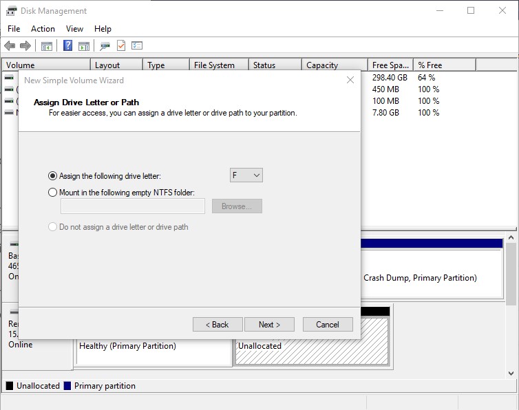 menetapkan huruf drive di new simple volume wizard