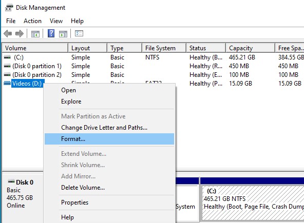 formater dans le gestionnaire de disques