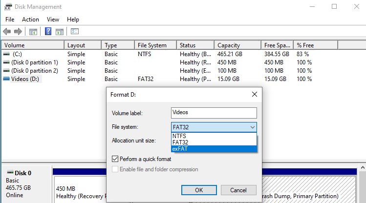 formatage rapide dans le gestionnaire de disques