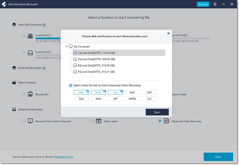 start advanced video recovery