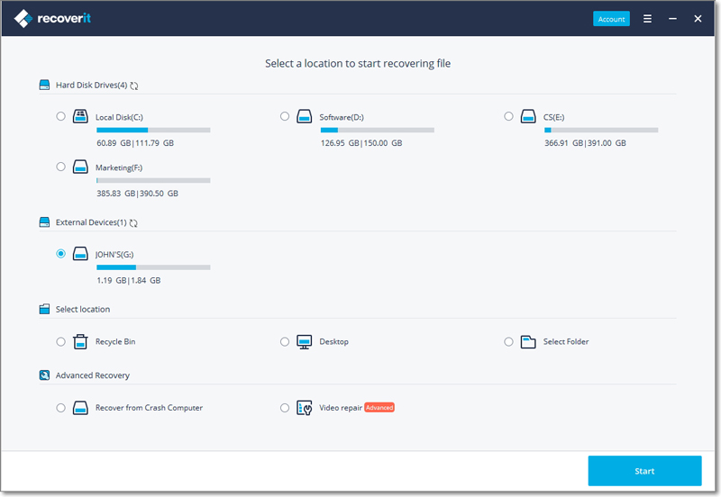 select damaged external hard drive location for data recovery